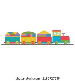 Wooden train with wagons loaded with cubes, color vector illustration in flat style