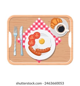 Wooden tray. Breakfast concept. Appetizing delicious breakfast of coffee, fried egg with sausage, croissant. Vector illustration in flat style