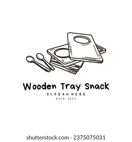 Wooden Tray Coffee with spoon Retro Vintage Line Art Logo Design
