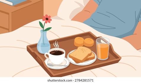 A wooden tray featuring a hot cup of coffee, toast, biscuits, orange juice, and a small flower in a vase, presented on a bed.