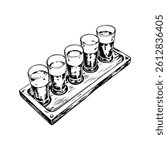 A wooden tray with five glasses of water on it