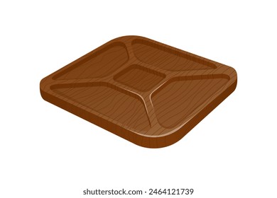 Wooden tray for food and snacks. Modern vector illustration in a realistic style isolated on white background. Plate for cheese, appetizers for wine.