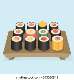 Wooden tray with sushi