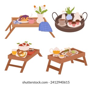 Wooden Trays or Tables With Crisp Cloths, Holds Delightful Breakfast Spread, Fresh Flowers, Warm Pastries, And A Steaming Cup Of Coffee. Perfect Morning Indulgence in Bed. Cartoon Vector Illustration