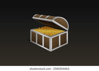 A wooden treasure chest filled with gold coins, 3d vector illustration