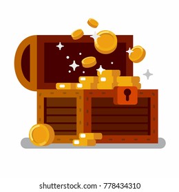 Wooden treasure chest full of golden coins. Flat vector