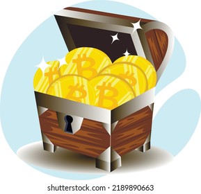 Wooden treasure chest. Chest with gold bitcoins. Golden symbols of bitcoin. Vector illustration. Buying and selling cryptocurrency and mining blockchain coins on growing markets.