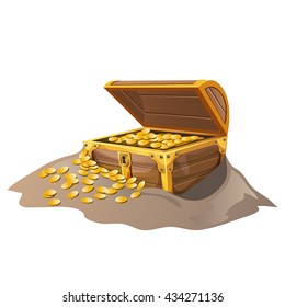 Wooden treasure chest with gold coins buried in the sand. Vector.