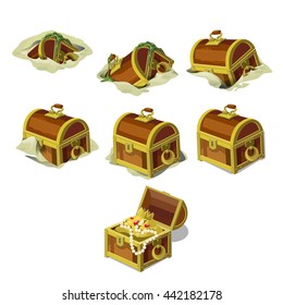 Wooden Treasure Chest With Gold Coins Buried In The Sand. Vector.