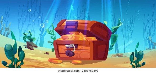 Wooden treasure chest lies on seabed. Golden coins in pirate sunken trunk in underwater kingdom with corals and algae around. Cartoon vector illustration of box with gold on sand of sea bottom.