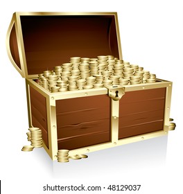 Wooden treasure chest loaded with golden coins