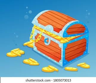 Wooden treasure chest stands at the bottom of the sea, vector illustration. Pirate treasure trove