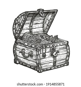 Wooden treasure chest. Wealth vintage sketch vector illustration