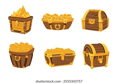 Wooden treasure chests vector set, old reward boxes clip art, wooden treasure box clipart, flat design illustration