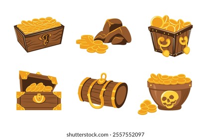 Wooden treasure chests vector set, old reward boxes clip art, collection of wooden treasure box clipart, pirate treasure chest flat design illustration