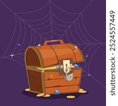 wooden treasure locked chest gold coins spider web purple background spooky halloween