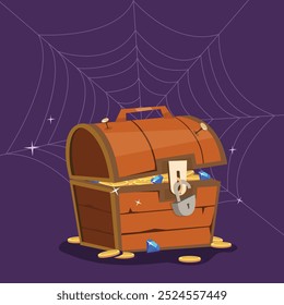 wooden treasure locked chest gold coins spider web purple background spooky halloween