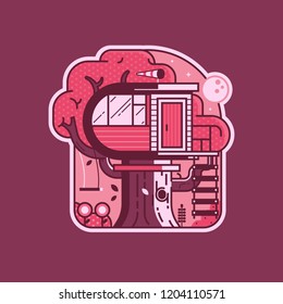 Wooden tree house cabin supported by old oak with hollow. Rustic forest tree home with windsock, swing and rope ladder. Organic architecture design example. Adventure sticker in flat design.