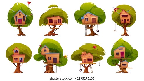 Wooden Tree Houses With Ladder And Swing For Children. Treehouses For Summer Park, Garden, Backyard Or Kids Playground Isolated On White Background, Vector Cartoon Set