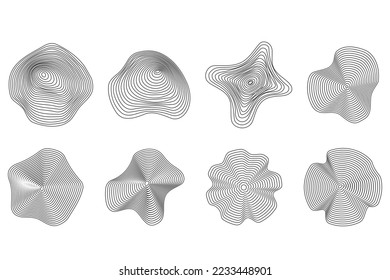 Wooden tree rings. Abstract topography circles. Organic texture shapes. Vector outline illustrations set