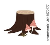A wooden tree stump with two pink mushrooms growing beside it. The stump has a smooth surface and visible tree rings. Green foliage is present around the base.