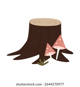 A wooden tree stump with two pink mushrooms growing beside it. The stump has a smooth surface and visible tree rings. Green foliage is present around the base.