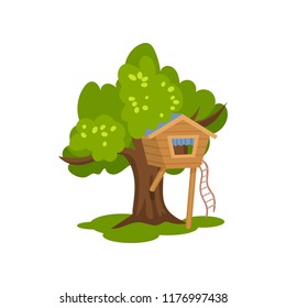 Wooden treehouse, hut on tree with ladder for kids outdoor activity and recreation, vector Illustration on a white background