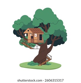 Wooden treehouse on tree branches. Countryside cabin, nature house, hut with stairs. Rural retreat home, shelter, wood cottage, summer chalet. Flat vector illustration isolated on white background