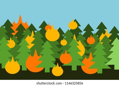 Wooden trees in forest and woods are buring - fire and flame. Natural catastrophe and disaster. Vector illustration
