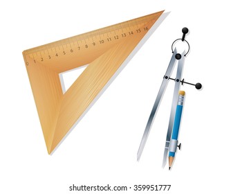Wooden triangle ruler and compass with pen over white backgrpound