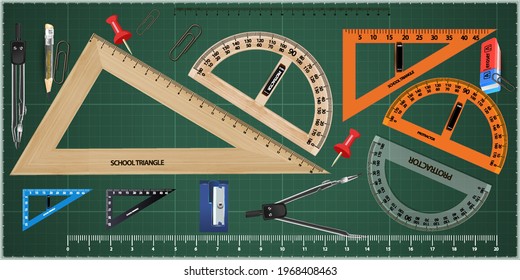 Wooden triangle and ruler, isolated on green. Set of measuring tools: rulers, triangles, protractor. Vector school instruments