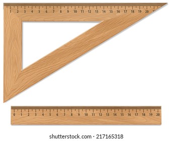 Wooden triangle and ruler, isolated on white 