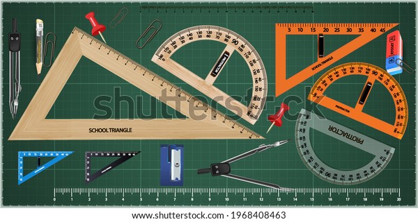 Wooden triangle and ruler, isolated on green.\
Set of measuring tools: rulers, triangles, protractor. Vector\
school instruments