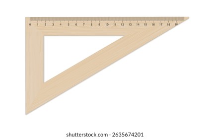 Wooden triangle ruler vector mockup. Measuring tool with ruler scale. School measuring equipment