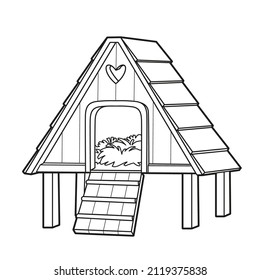 Wooden triangular chicken coop with ladder outlined for coloring book on white background