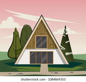 wooden triangular house with large Windows. wooden cozy house. rustic and comfortable house. Vector graphics