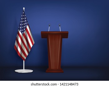 Wooden tribune rostrum with 2 microphones and american flag on stand realistic closeup composition isolated vector illustration 