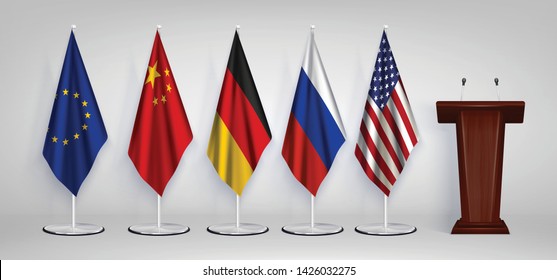 Wooden tribune rostrum with 5 national and eu flags on stands realistic set white background vector illustration  