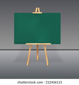 Wooden tripod with a green chalkboard standing in the room