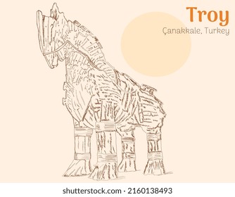 Wooden Trojan Horse Drifting on a Plinth Hand Drawn Sketch Illustration