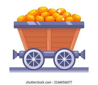 wooden trolley with a pile of gold. work in the mine. flat vector illustration.