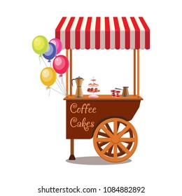 Wooden trolley with a red canopy with fast food. Coffee and cakes. Symbols of coffee beans, cups of coffee and strawberry cake. Isolated icons. Vector illustration.

