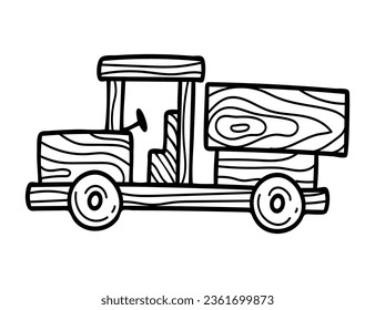 Wooden truck sketch. Children toy machine. Preschool games. Hand drawn doodle illustration.