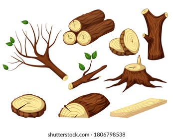 Wooden trunk. Chopped wooden trunk, log, timber, stump and tree branch raw forest material isolated set on white background. Firewood stacked in piles or single. Lumber industry vector illustration