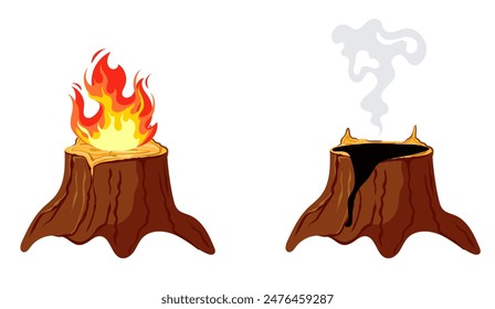 Wooden trunk extinct and fire isolated concept. Vector graphic design illustration