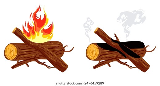 Wooden trunk extinct and fire isolated concept. Vector graphic design illustration