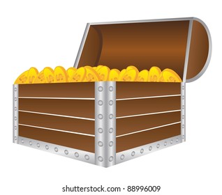 wooden trunk with gold coins isolated over white background. vector