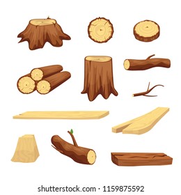 Wooden Trunk Materials Set Parts Elements for Wood Industry. Vector illustration of Chopped Firewood and Natural Timber