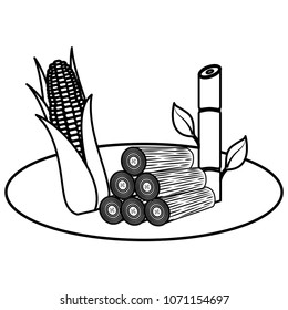 wooden trunks with sugar cane and corn