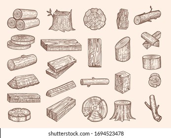 Wooden trunks. Vintage drawn lumber stacked oak wooden old plants chopping vector sketch set